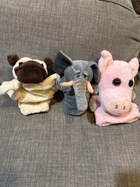 Set of Animal Hand Puppets - Pink, Gray, and Brown